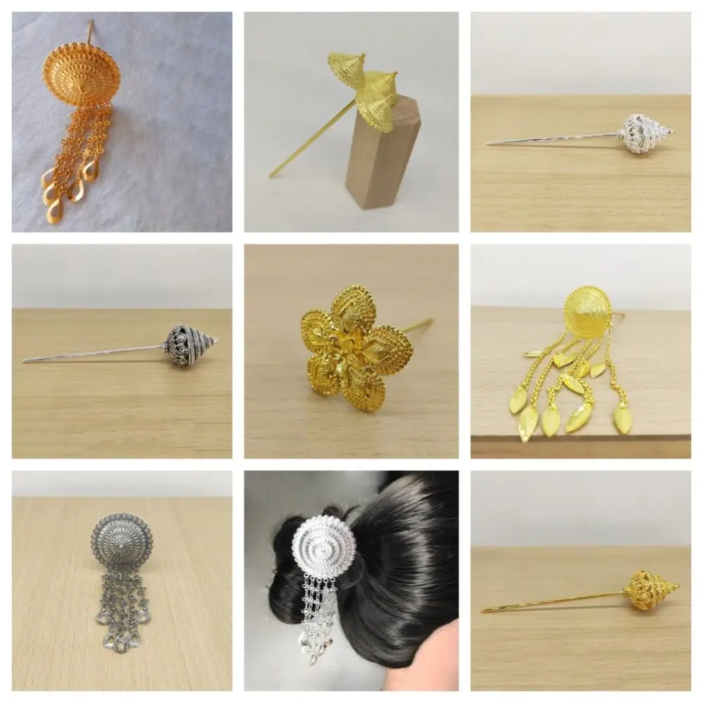 Ancient Style Headwear Thai Headdress Ancient Hanfu Headwear Gold Metal Hair Sticks Leaf Umbrella Dai Style Hair Clip Women view 5