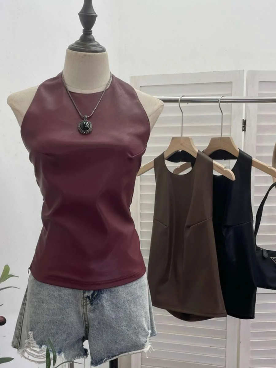 

Сексуальный обтягивающий кожу кожаный жилет для женщин, висящий Ne Bal Top из искусственного материала, чистый цвет, осень-зима, моя