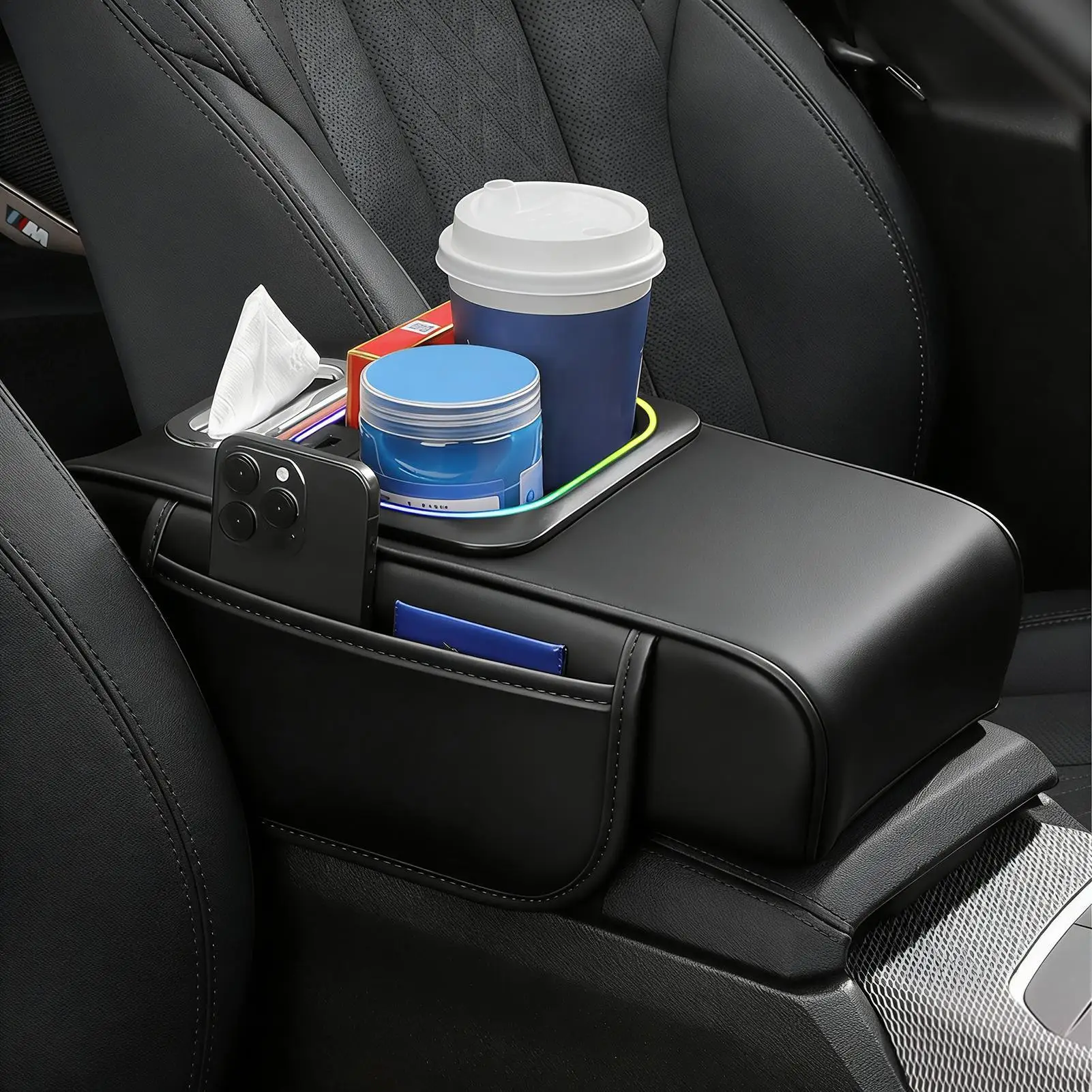 

Автомобильный подлокотник, толстый коврик, держатель для бутылок с боковым карманом, окружающий свет, USB-порт, автомобильный подлокотник, органайзер для центра