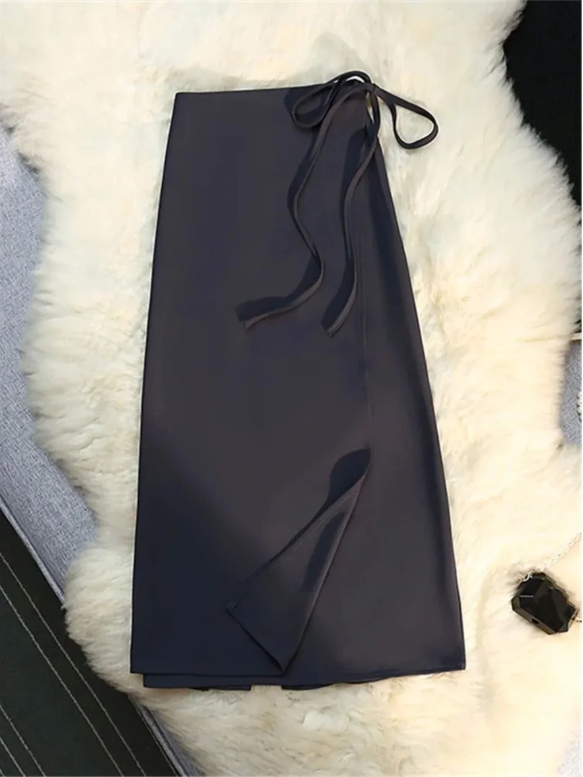 تنورة عالية الخصر غير منتظمة بلون نقي، تنورة طويلة على شكل حرف A، تنانير نسائية فاخرة