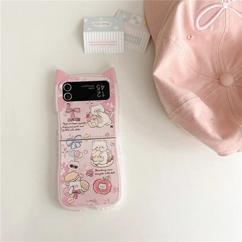 Cartoon Cat Bear Cute Ears Phone Case for Samsung Galaxy ZFlip3 ZFlip4 ZFlip5 ZFlip6 Hard PC Back Cover for Z Flip 6 Case Shell