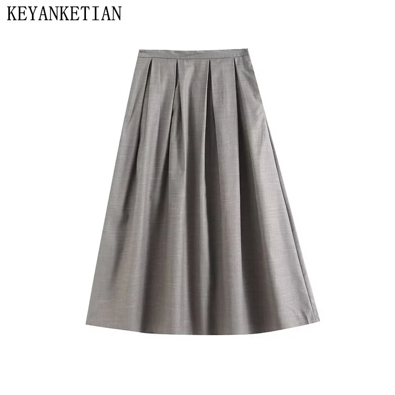 KEYANKETIAN 2024 Autumn New Women's Gray Pleated Skirt Simple style Fashion Side Zipper High waist A Line Mid-length Skirt