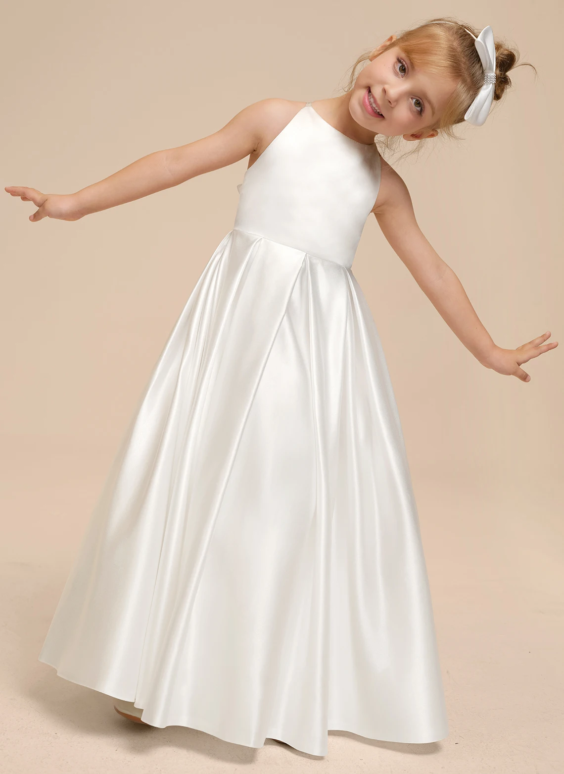 YZYManual-Floor-Length Flower Girl Dress, A-Line Scoop, Cetim, Custom Made, Vestidos de casamento, Flower Girl