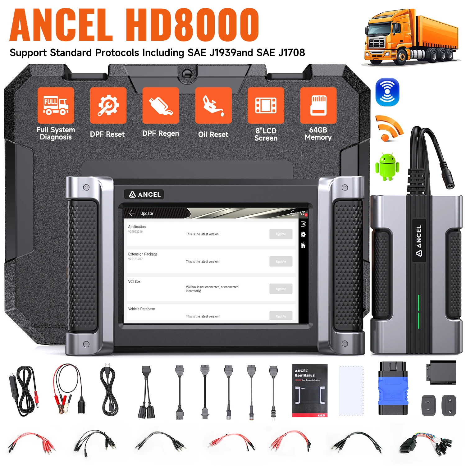 ANCEL HD8000 Diesel Heavy Duty Truck Diagnostic Tools Oil Reset All System Check Engine for Cummins/Detroit Diesel OBD Scanner