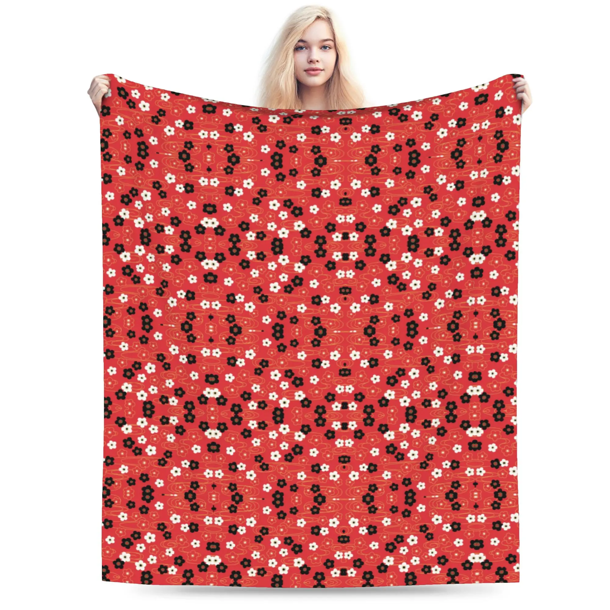 Custom 3D Print Japanese Red Sakura Cherry Blossom Flowers Blankets Breathable Soft Flannel Winter Japanese Throw Blanke