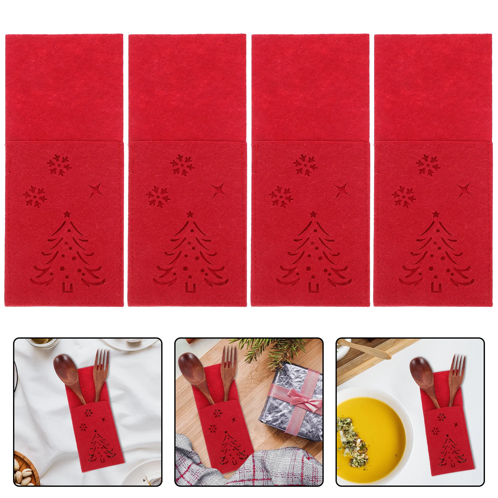 

4pcs Red Knife Fork Bags Christmas Tableware Holder Hollow Out Snowflake Design Silverware Pouch For Dining Decoration Tree