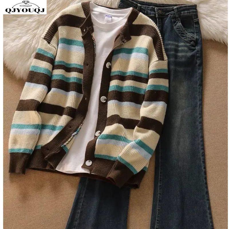 

Korean version new fashion striped sweater knitted cardigan jacket women's fringed slightly flared jeans three piece set