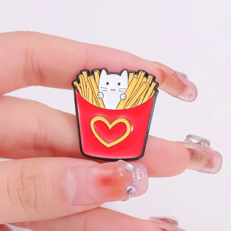 Cute Cartoon Food Cat Enamel Brooch Creative Animal Espresso Urself Fries Donut Kitten Lapel Pin Badge Gift For Kid Friend