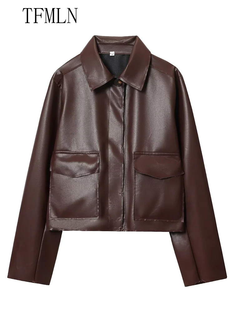 TFMLN Fashion Women Faux Leather Solid Jackets 2025 Autumn Lapel High Street Outwear Chic Single Breasted Pockets Cropped Coats