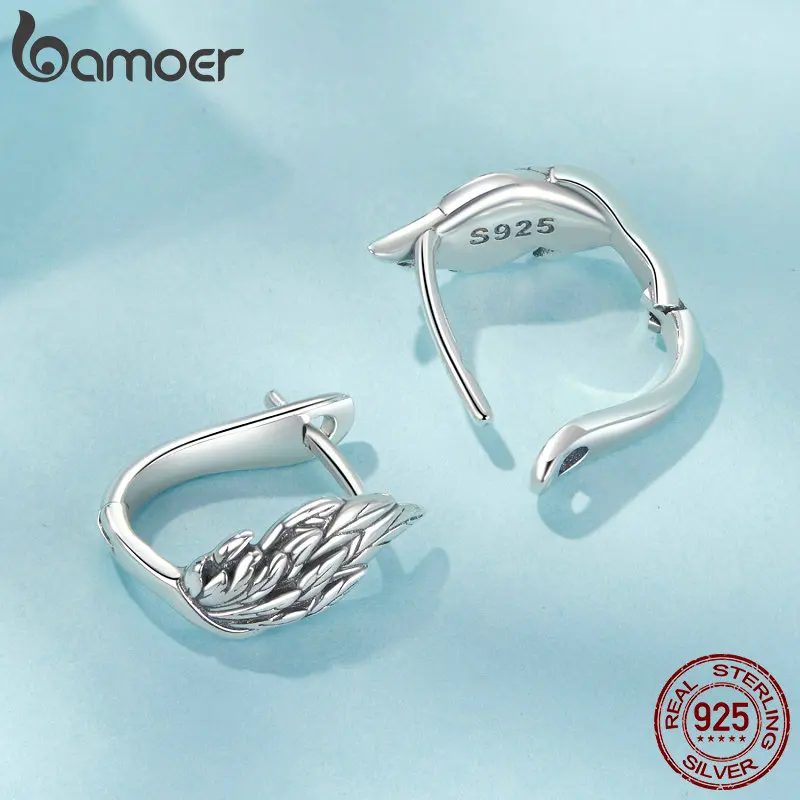 Bamoer Original 925 Sterling Light luxury Animal Design Wing Hoop Earrings Buckle Oxidized For Women Birthday Gift Fine Jewelry