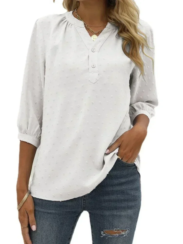 Women\'s V-Neck Half Sleeve Chiffon Blouse, Casual Tops for Summer, Solid Shirt