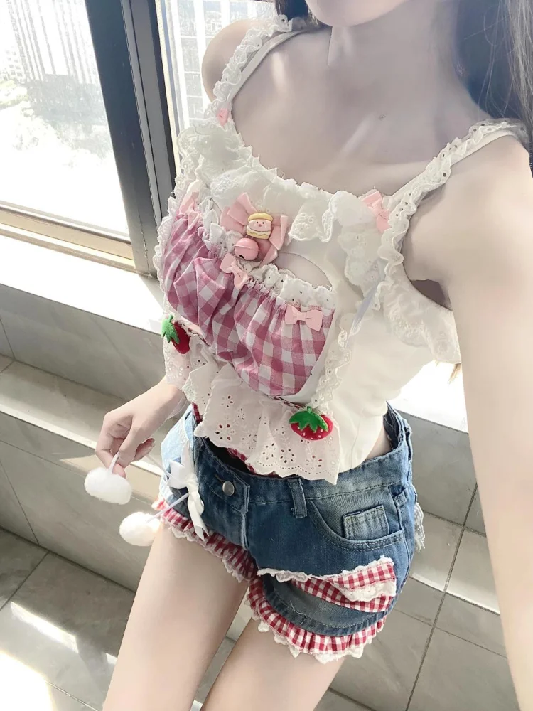 Summer Kawaii New Two Piece Set Women Fairy Sweet Print Tops + High Waist Stitching Denim Sexy Short Jeans Shorts Set Suit 2024