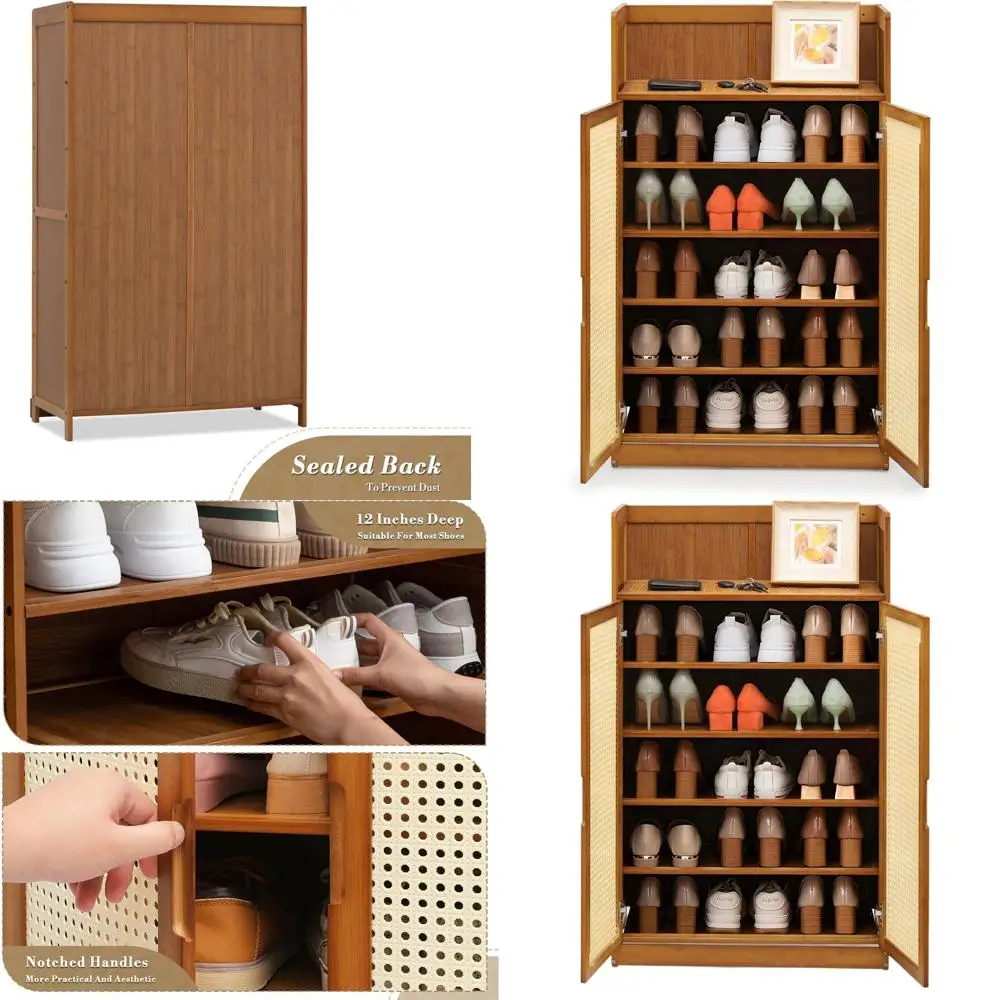 

39 5-Tier Bamboo Shoe Rack with Elevated Top Shelf, Holds 15 Pairs, Ideal for Hallway and Entryway, Brown