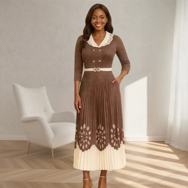 미야케 플리츠 플러스 사이즈 여성용 긴 소매 우아한 패치워크 플리츠 허리 조임 드레스 공식 행사 출퇴근 유럽 스타일