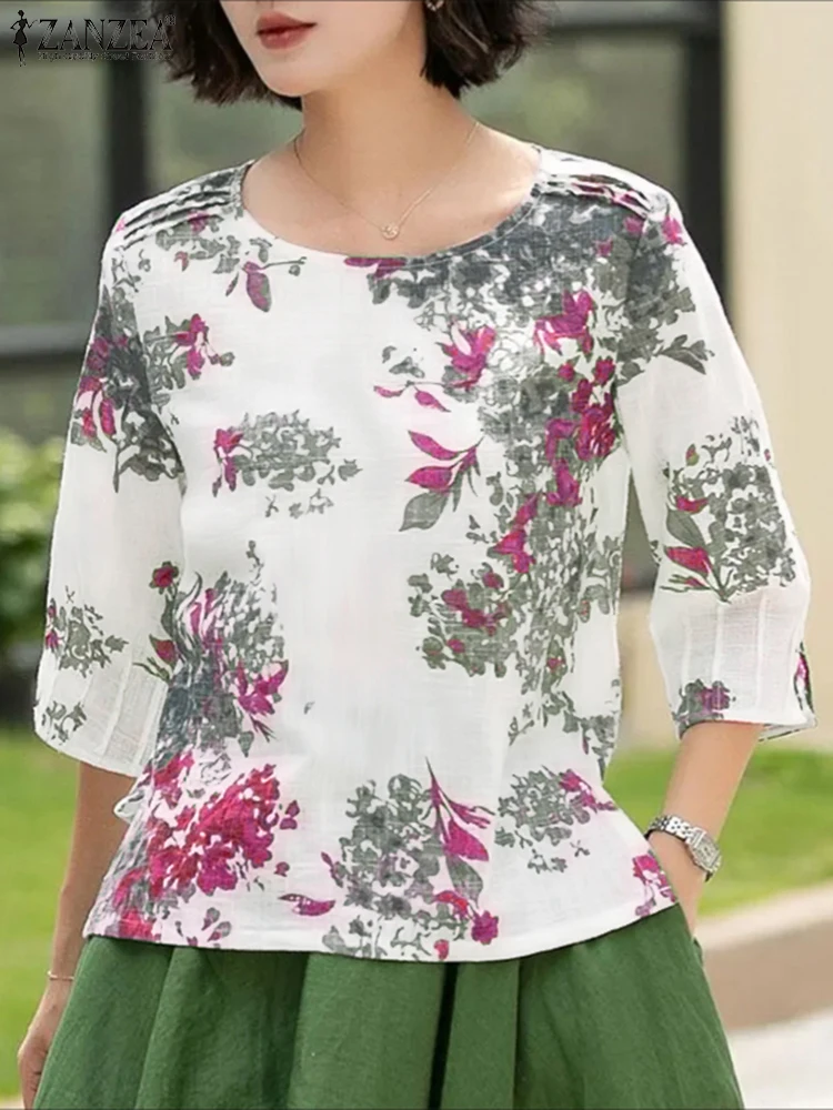 بلوزات صيفية كلاسيكية من ZANZEA لعام 2025 للسيدات بأكمام 3/4 بلوزة غير رسمية مطبوعة بالزهور ورقبة مستديرة بلوزات فضفاضة كبيرة الحجم