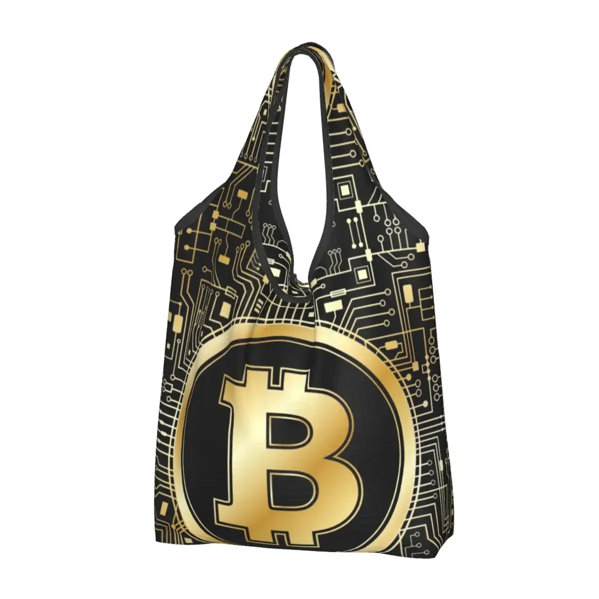 Custom Fashion Golden Bitcoin Majestic Motherboard Shopping Tote Bag Portable Crypto Hack BTC Special Grocery Shopper Bag