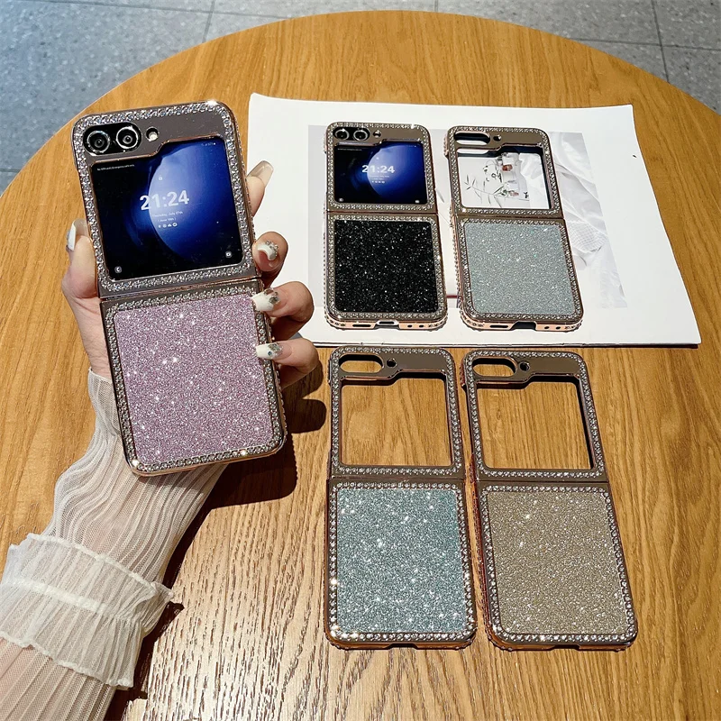 Luxury Diamond Case For Samsung Galaxy Z Flip 6 5 5G ZFlip6 Flip6 Flip5 Glitter Folding Shockproof Hard Plating Plastic Cover