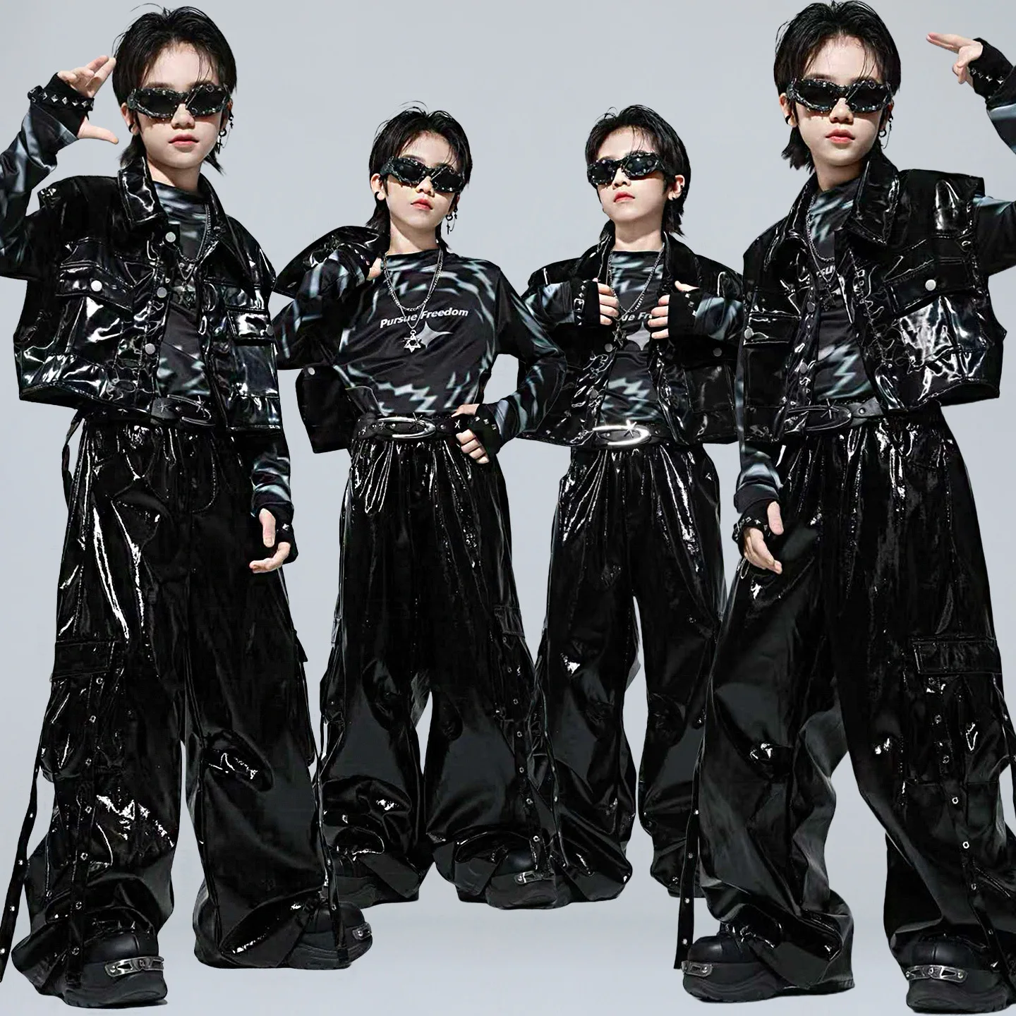 

Детская одежда в стиле хип-хоп Kpop, черный укороченный жилет из искусственной кожи, топ, повседневные брюки-карго с ремешком для девочек и мальчиков, костюмы для уличных танцев, одежда