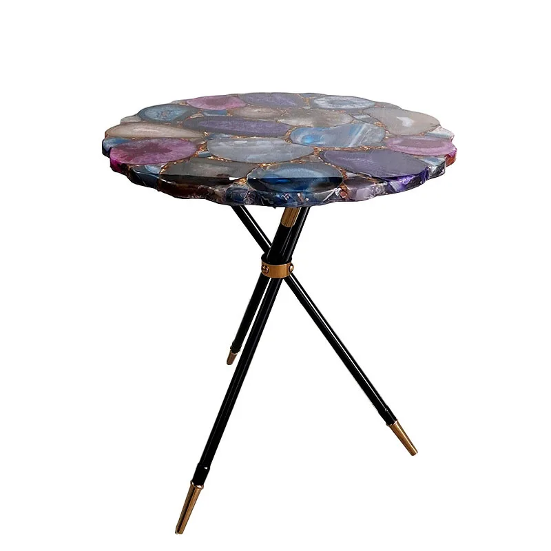 

Natural agate round table stainless steel living room household jade light luxury high-end side