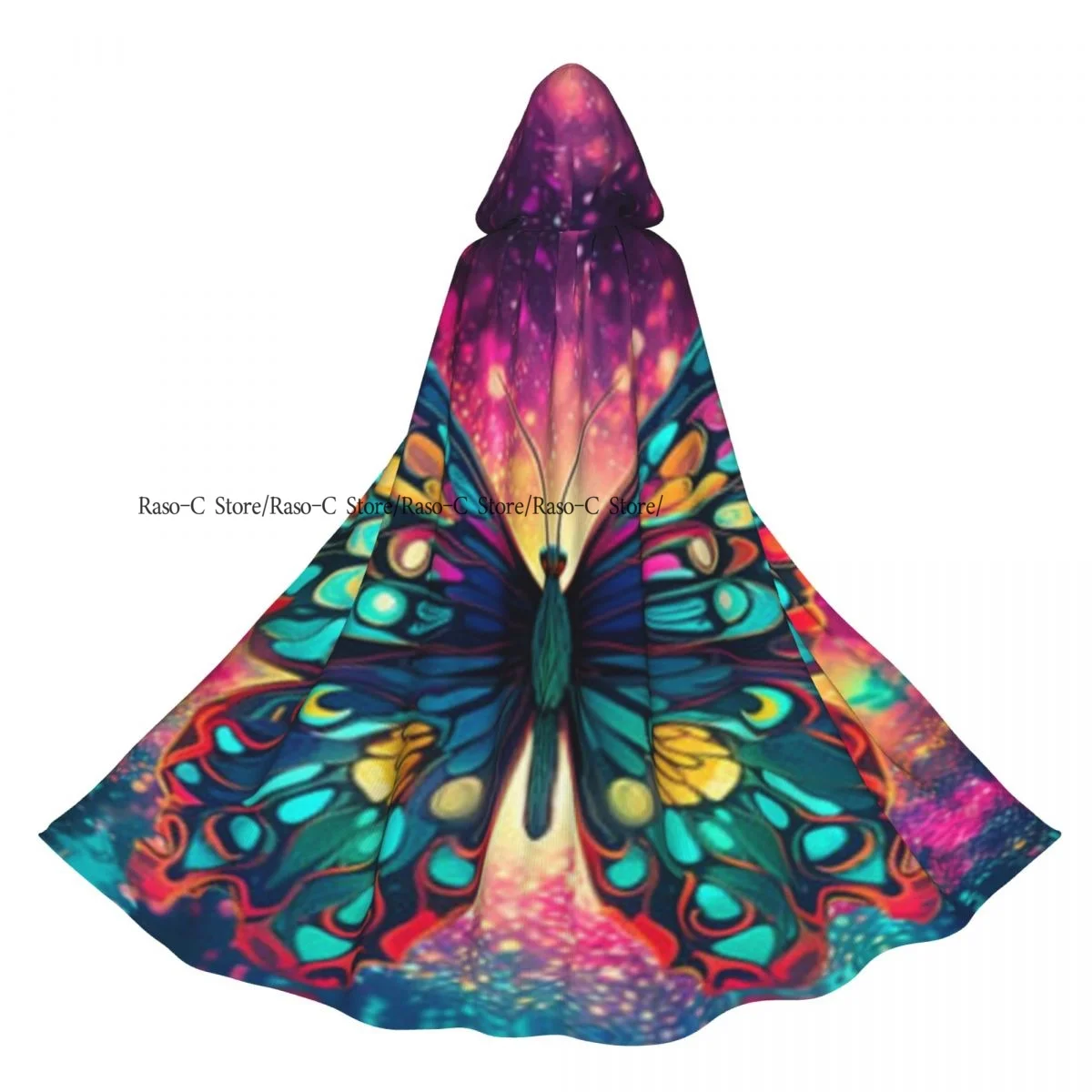 Psychedelic Trippy Butterfly Cartoon 70s Rave Style Hooded Cloak Polyester Unisex Witch Cape Costume Accessory