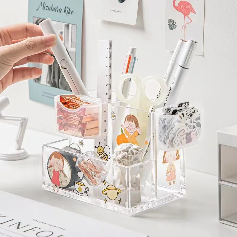 new Acrylic Transparent Three-grid Pen Holder Student Desktop Storage Box Ins Wind Desk Transformation Simple Pen Holder