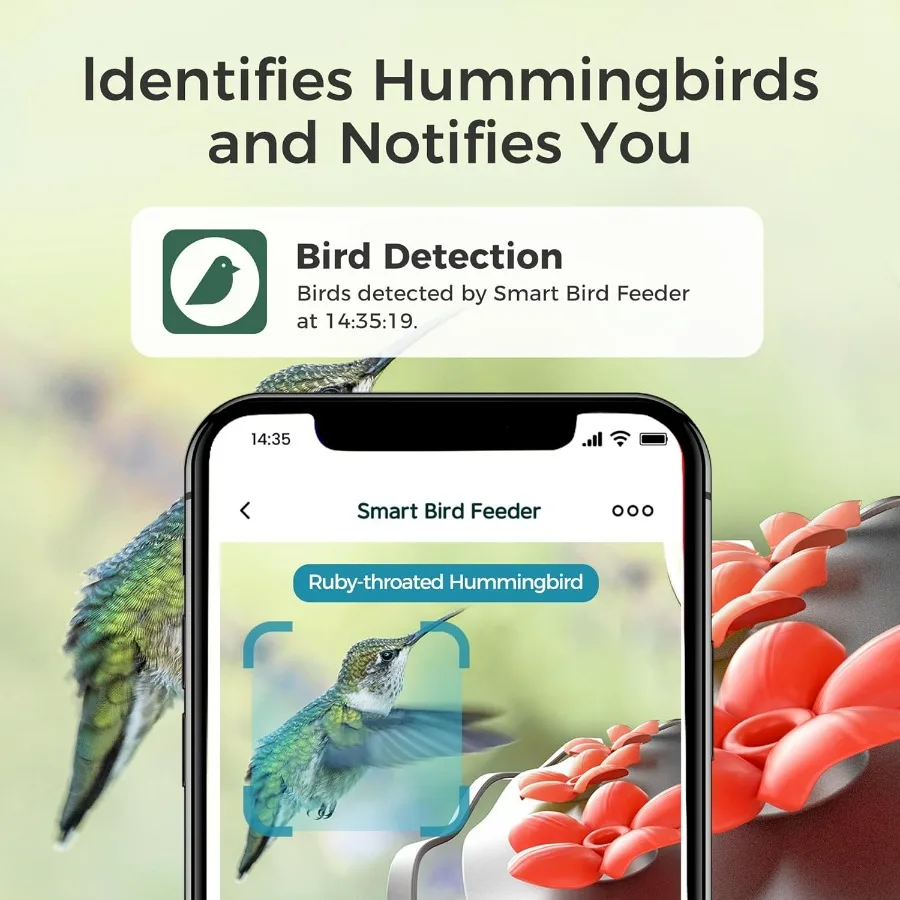 Glazen slimme kolibrievoeder met camera op zonne-energie - AI-identificatie en waterdetectie, onmiddellijke melding, lekvrij en mierenmuit