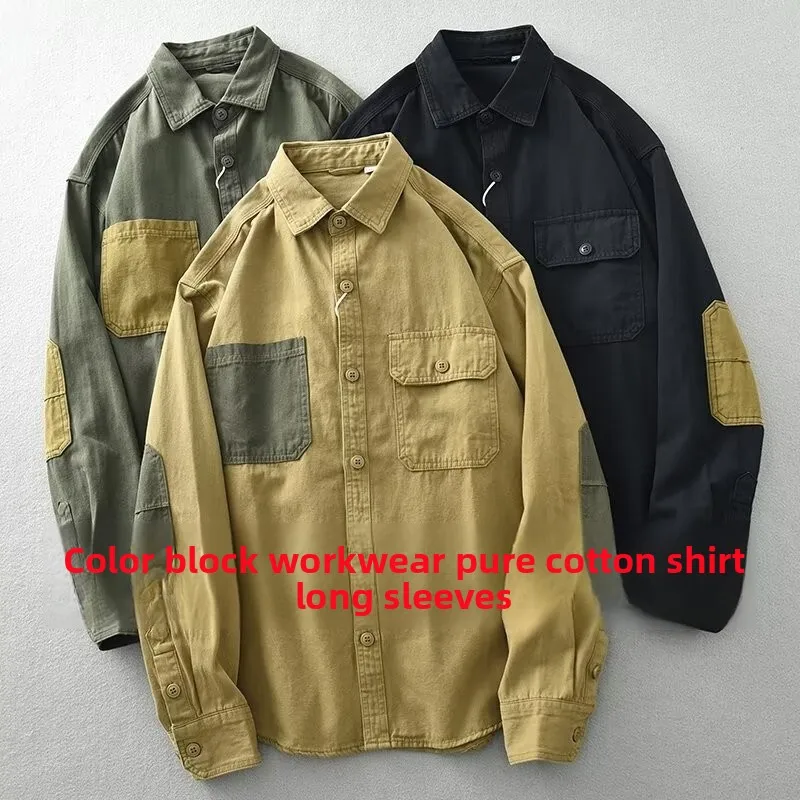 Pure Cotton Long Sleeve Shirt American Workwear Retro Patchwork Large Size Autumn Winter Military Green Casual Top for Men