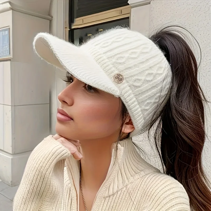 1pc Baseball Cap Knit Beanie Hat for Women High Bun Ponytail Skull Cap Stretch Winter Chunky Warm Visor Brim Crochet Hats