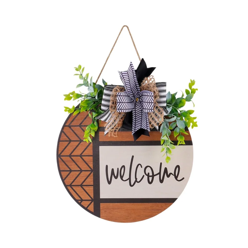 Garlands Wooden Welcome Sign Artificial Plant Bow Knot Door Wreath Round Shape Welcome Wall Art Outdoor Decor