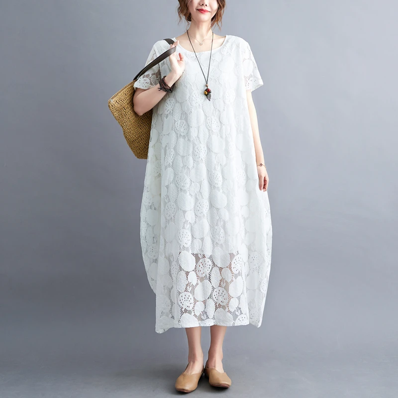  Color Lace Hollow out Dr Casual round Ne ort Sve Long Skirt for plus Size Women Summer Leisure on ape
