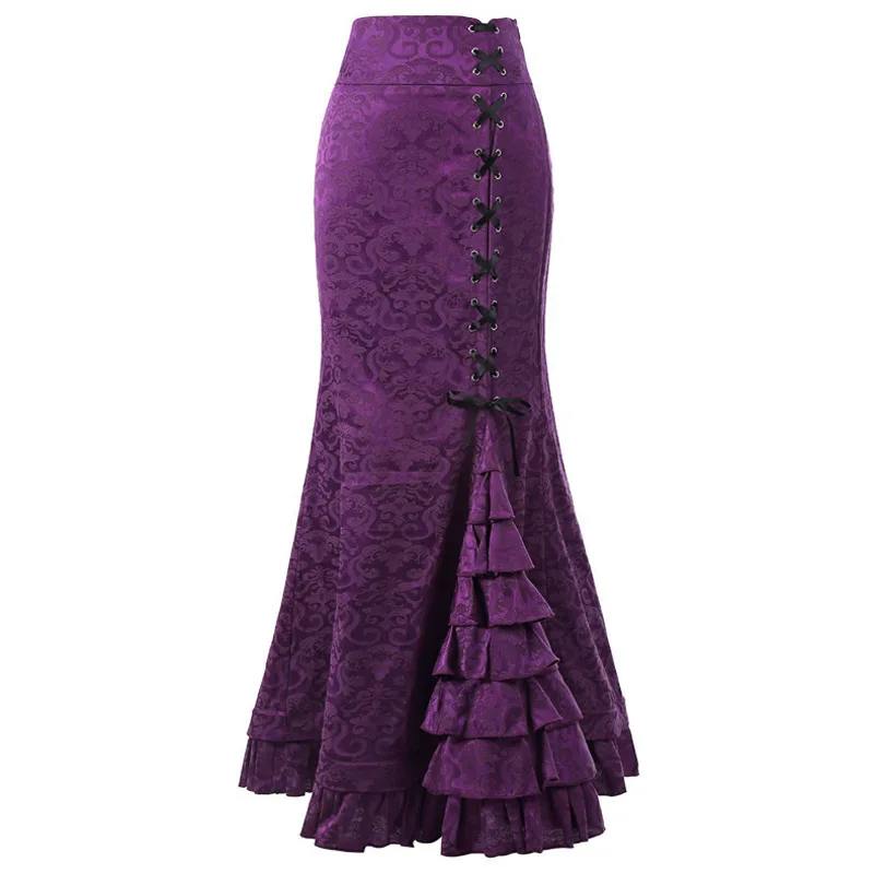 New Summer Long Dress Victorian Women's High Waist Half Skirt Punk Skirt Fish Tail Wrap Hip Skirt Lace Up women court Skirt