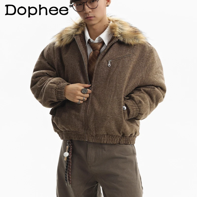 

Мужские парки с воротником из искусственного меха в стиле ретро, новинка зимы 2025, удобные парки с длинным рукавом, однотонные простые пальто