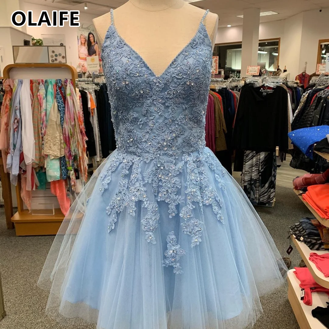 Appliques Classmate Dresses V Neck Tulle Short Homecoming Gowns Evening Party Gowns vestidos de fiesta cortos Prom Gowns