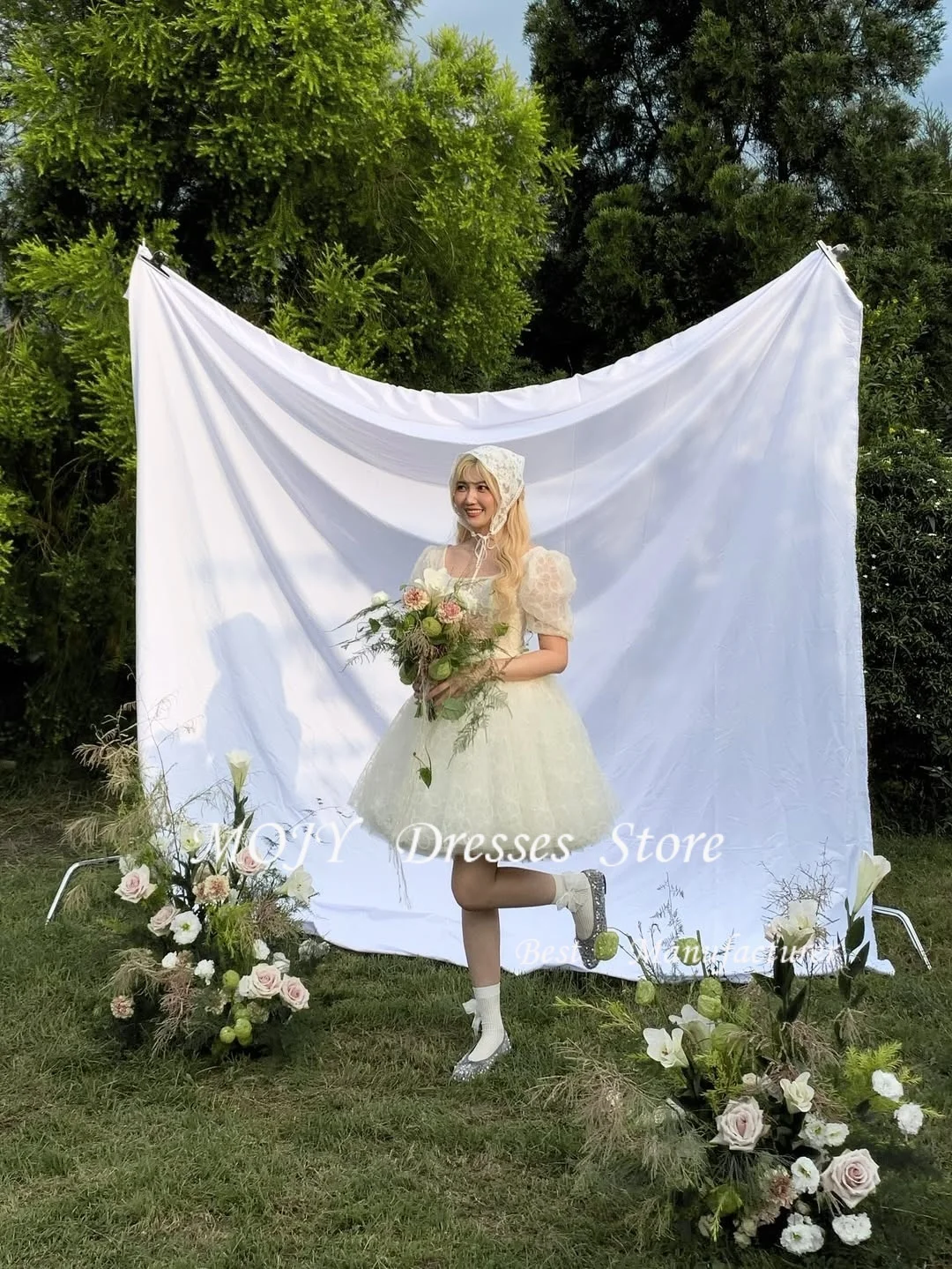 Mojy gola quadrada mini linha a vestidos de baile curtos de tule de seda ̄tzo Personalizza espartilho nas costas vestido de casamento coreano sessão de fotos