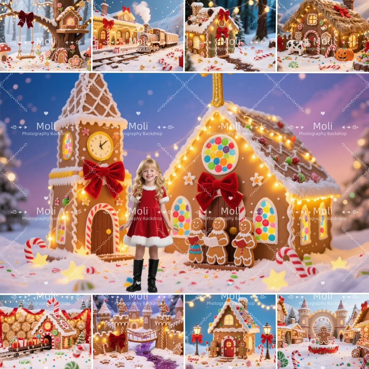 

Gingerbread House Photography Background Wonderland Town Snowflake Snowy Backdrop Winter Kid Birthday PhotoStudio