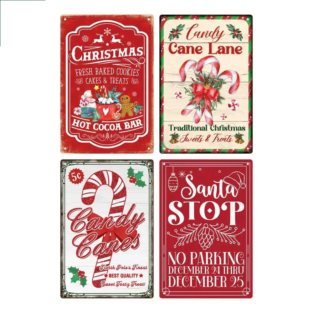 2D Flat Metal Sign Vintage Christmas Tin Sign Set Hot Cocoa Candy Cane Santa Stop Holiday Decor