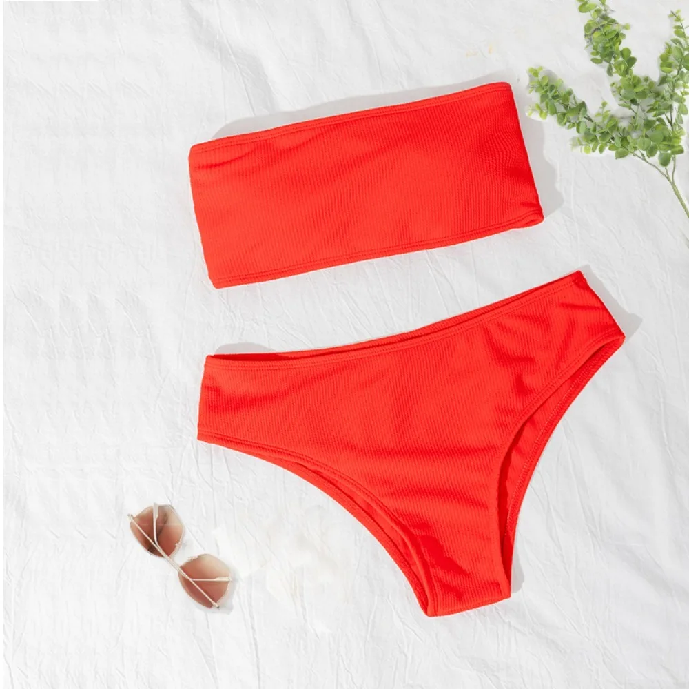 

Однотонный комплект бикини без бретелек, сексуальный купальник с открытой спиной, мягкий бюстгальтер с подкладкой, регулируемый женский купальник, летний