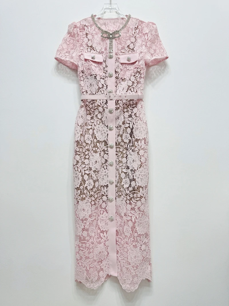 High Quality 2024 Autumn New Women Lace Midi Dress Diamonds Bow Pink Floral Crystal Short Sleeve Single Breasted Party Dresses