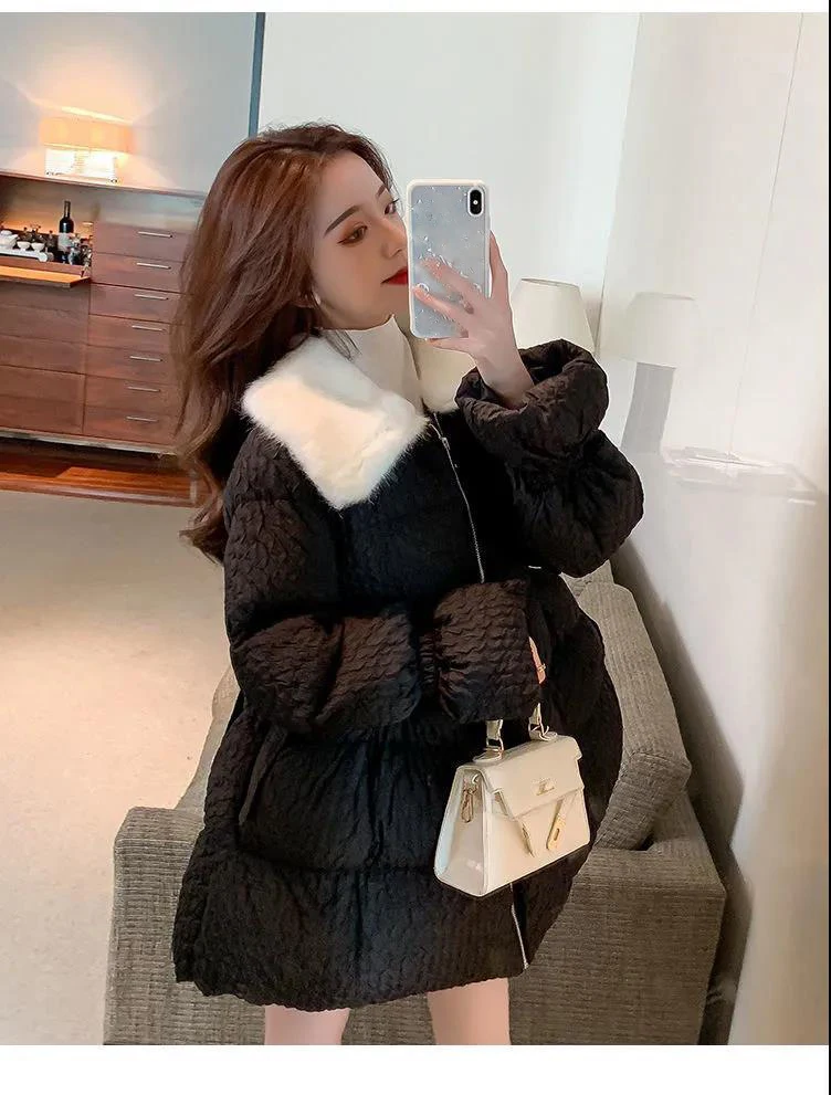 Korean Sweet Mid-Length Padded Coat for Women Winter Doll Collar Waist-Cinching Puffer Parkas Woman A Line Fluffy Quilted Jacket