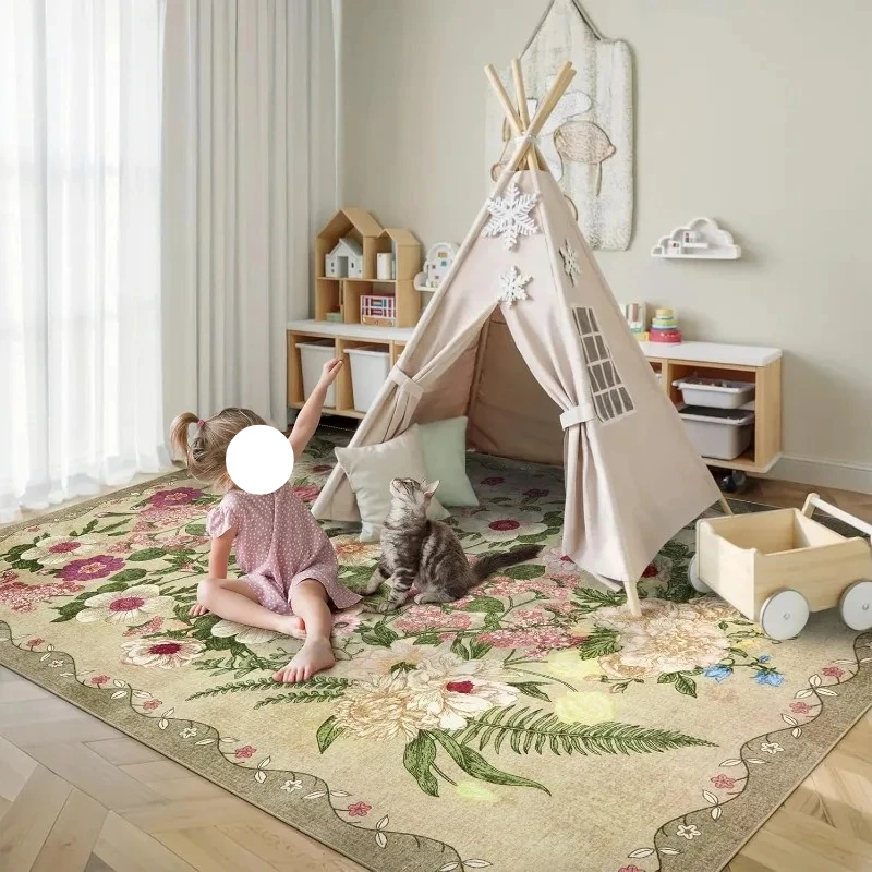 

Green Floral Living Room Carpet Nordic Retro Large Area Bedroom Rug Machine Washable Non-slip Coffee Table Sofa Floor Mats Tapis