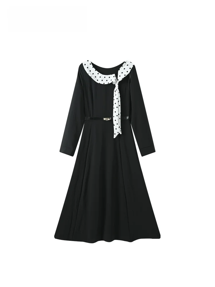 

Платье миди в горошек для женщин больших размеров, весеннее, А-силуэт, с французским воротником-стойкой, длинными рукавами, для полных женщин