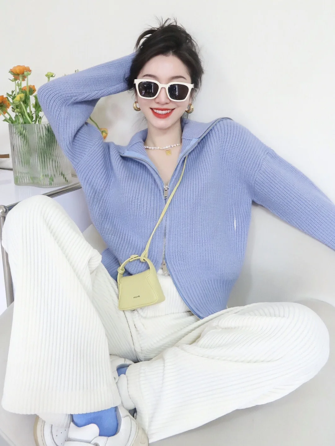 

Romantic Blue High Collar Zipper Knitted Sweater Autumn Winter Turn-down Collar Cardigan Top by Rixo Colo Vintage Sle Long ...
