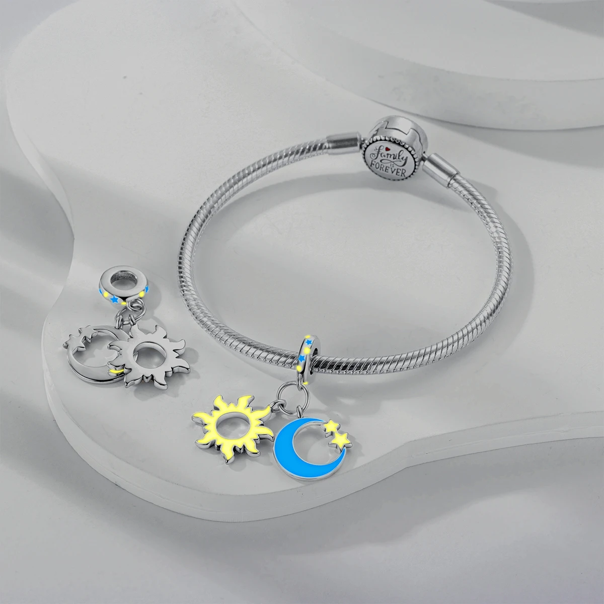 Silver Plated Colorful Glowing Moon Stars Rainbow Dangle Charms Beads Fit Original Pandora Bracelet Necklace Jewelry Women