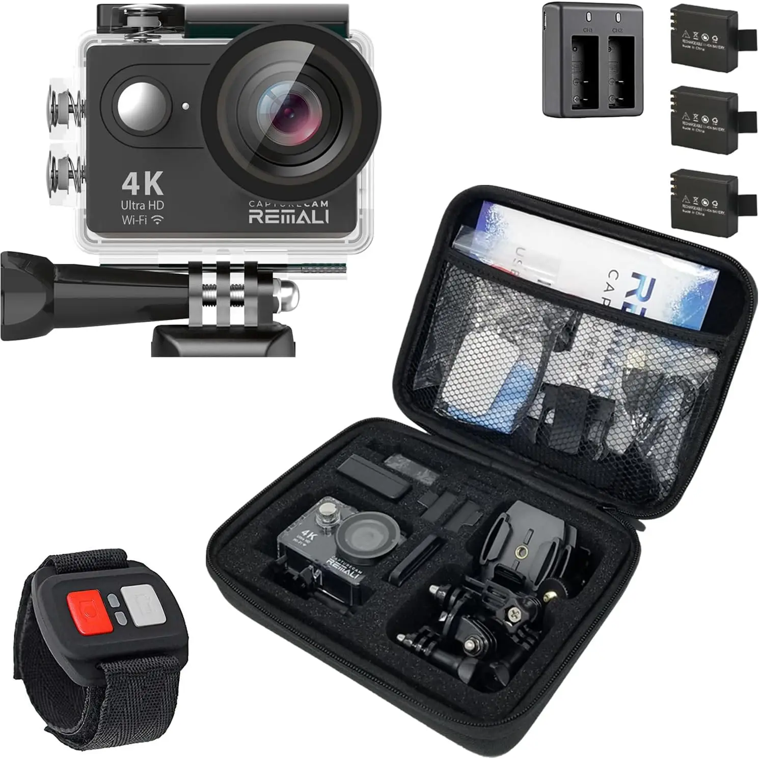 CaptureCam 4K60FPS Waterproof Action Camera with 21-Piece Kit & 3 Batteries – Perfect for Sports, Fishing, Travel