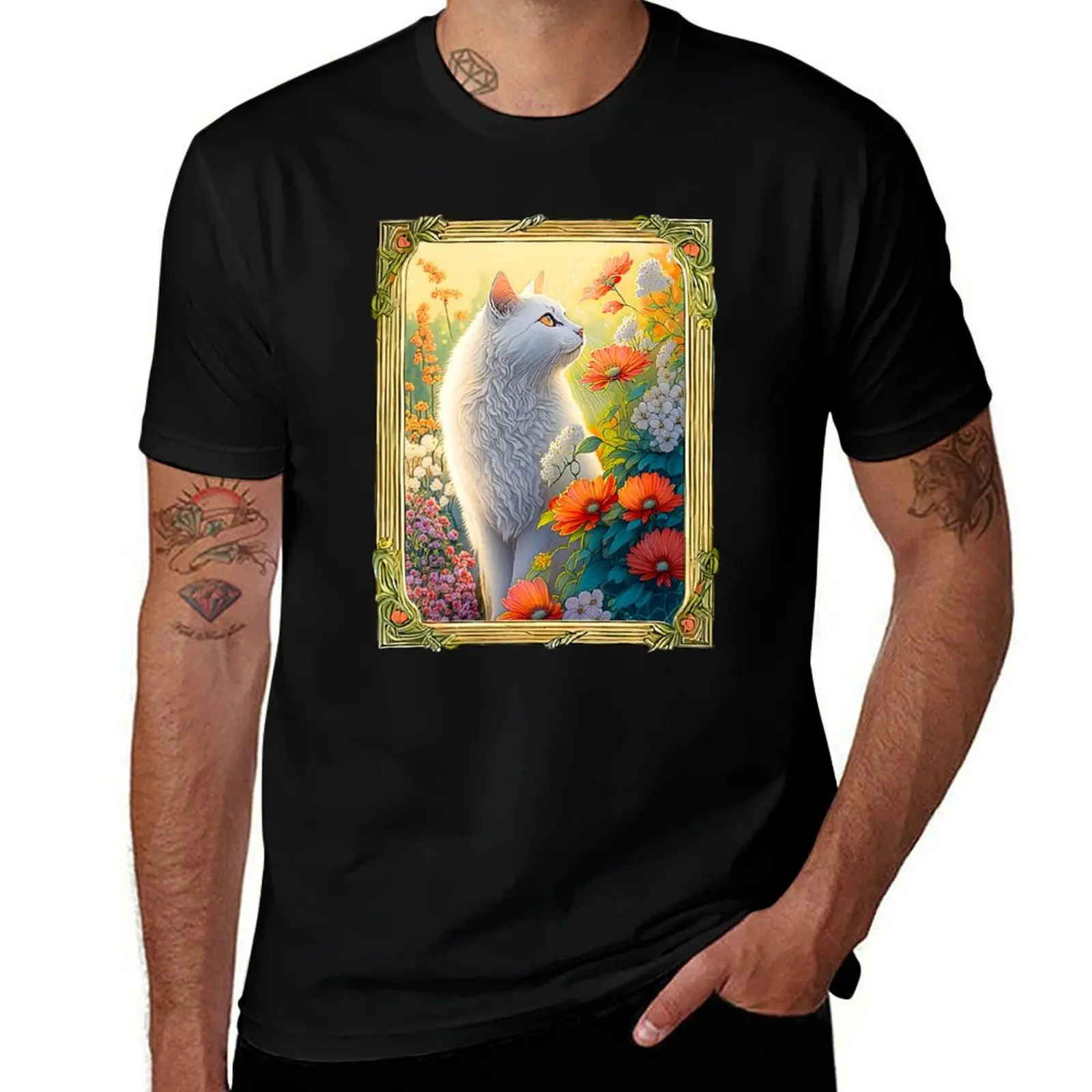 

Framed White Cat in a Flower Garden T-Shirt t shirts for man cotton t shirt custom print T-Shirt