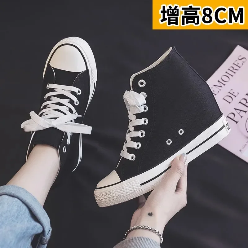 2025 New 8cm High Heels Shoes Casual Canvas Sneakers Designer Platform Wedges Ladies Hidden Wedge Elevator Shoes White black