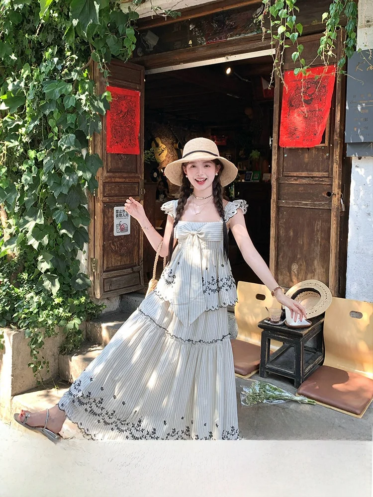 

Летний женский комплект из хлопка: футболка с коротким рукавом и полосатая юбка миди, комплект из двух предметов, цвет сладкой груши/камелии