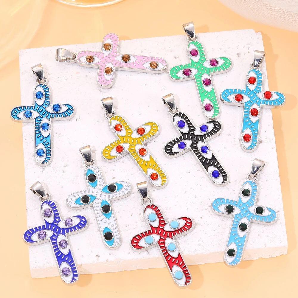 Juya 18K Gold Silver Plated Colorful Enamel Crosses Charms For DIY Religious Rosary Greek Evil Eye Pendants Jewelry Making
