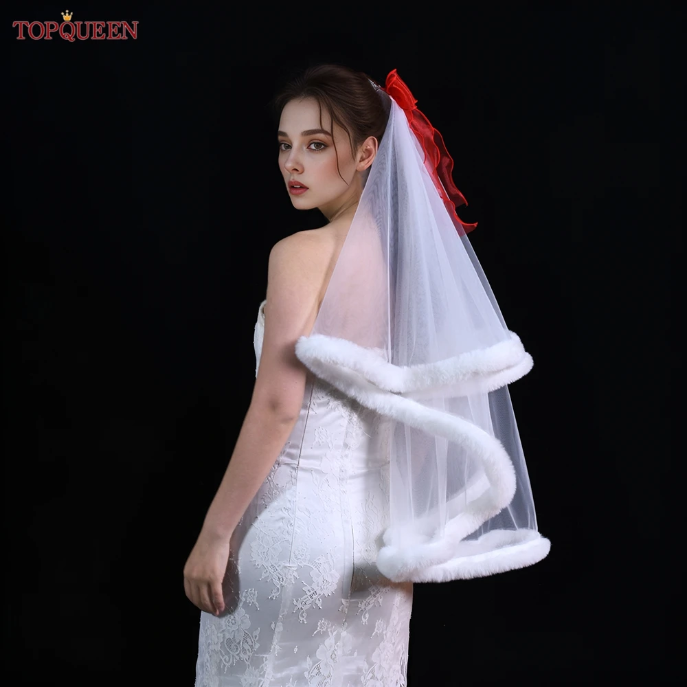 TOPQUEEN V256 Christmas Red Veil Wedding 2-Layer Fur Edge Party Gift Covered Blush Fingertip Off-White Bridal Veil Accessories