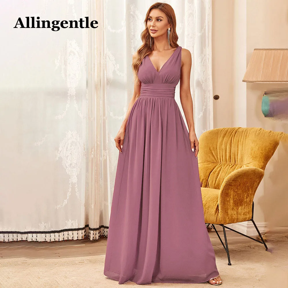 

Allingentle Elegant Bridesmaid Dresses 2024 Double V-Neck Chiffon Maxi Sleeveless Floor-Length Gown A-Line Evening Dress Custom